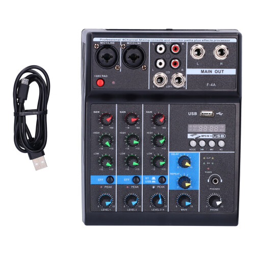 Στερεοφωνική πλακέτα μίξης ήχου DJ με θύρα Bluetooth USB, ζωντανός μίκτης 4 καναλιών με