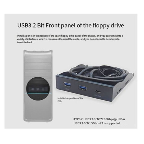 3.5 Inch Desktop Floppy Bay Front Panel with 2 X USB 3.0 Type-A & 20Gbps Type-C Connector for PC Computer Case 2