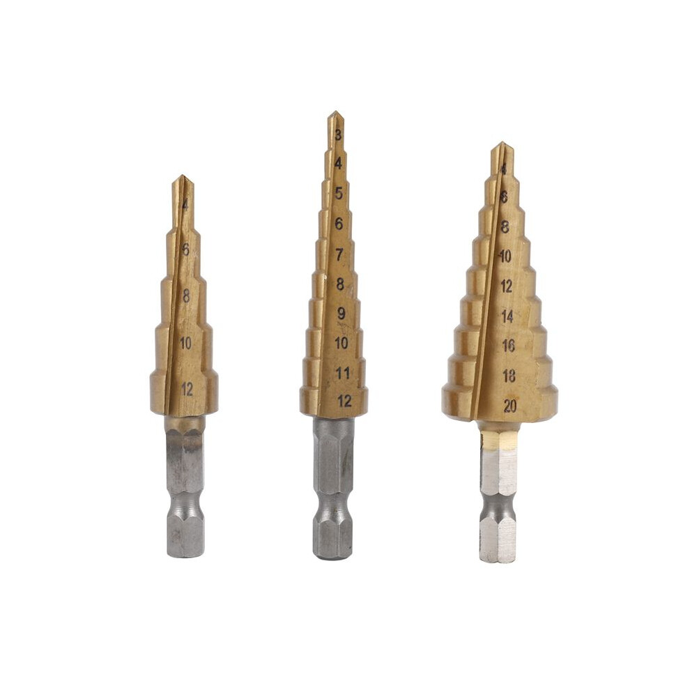 Step Drill Bit 3Pcs Hss Step Drill Bit Set Cone Hole Cutter Taper Metric Nitriding Hex Core Drill Bits Gold 6133020224089