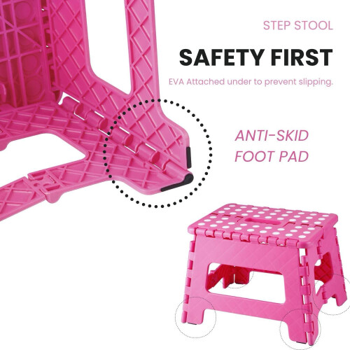Folding Step Stool for Kids with Handle, 9 Inch AntiSlip Plastic, Compact Collapsible Pink 1