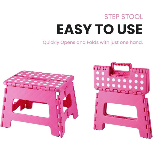 Folding Step Stool for Kids with Handle, 9 Inch AntiSlip Plastic, Compact Collapsible Pink 2