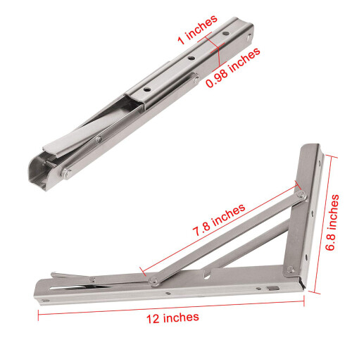 2 Pack 12 inch Folding Shelf Brackets Heavy Duty Stainless Steel Collapsible Shelf Bracket for Table Work Bench, Space Saving DIY Bracket,Max Load: 2