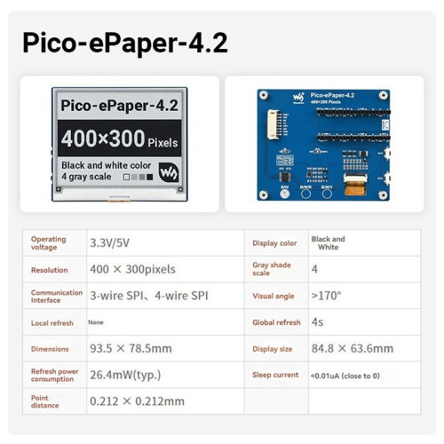 Waveshare 4.2 Inch E-Paper Display E-Ink Display Screen SPI Interface Black-White 400x300 for Raspberry Pi  Series 2