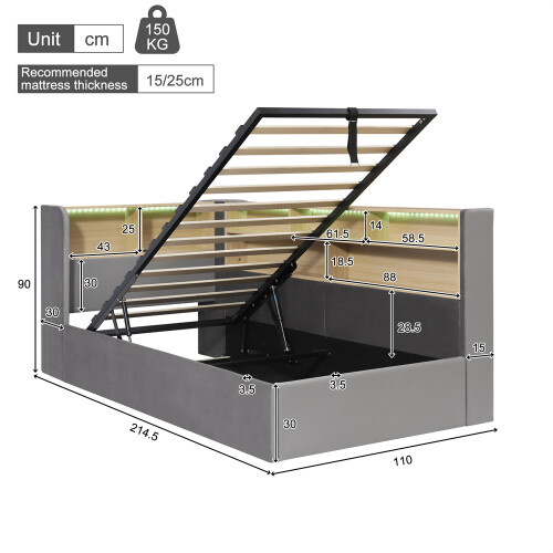 Grey Velvet L-Shape Daybed with LED & USB Charging 1
