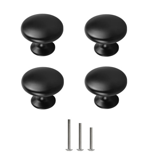 4X Matte Black Cabinet Knobs Round Drawer Handles Solid Metal for Kitchen Cupboard Door