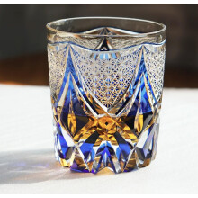 Japanese Whiskey Glass Handcut Crystal 250ml Blue Chrysanthemum Pattern Tumbler for Fine Spirits