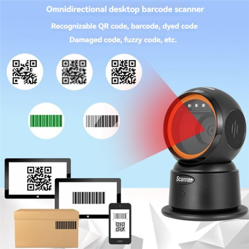 2D QR Barcode Scanner Desktop Wired Scanner Hands-Free Omnidirectional USB Barcode Reader 1D QR Screen Barcode Scanning 1