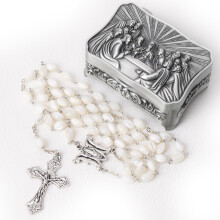 Handmade Catholic Rosary Beads with Natural White Shell and Vintage Crucifix Design for Prayer