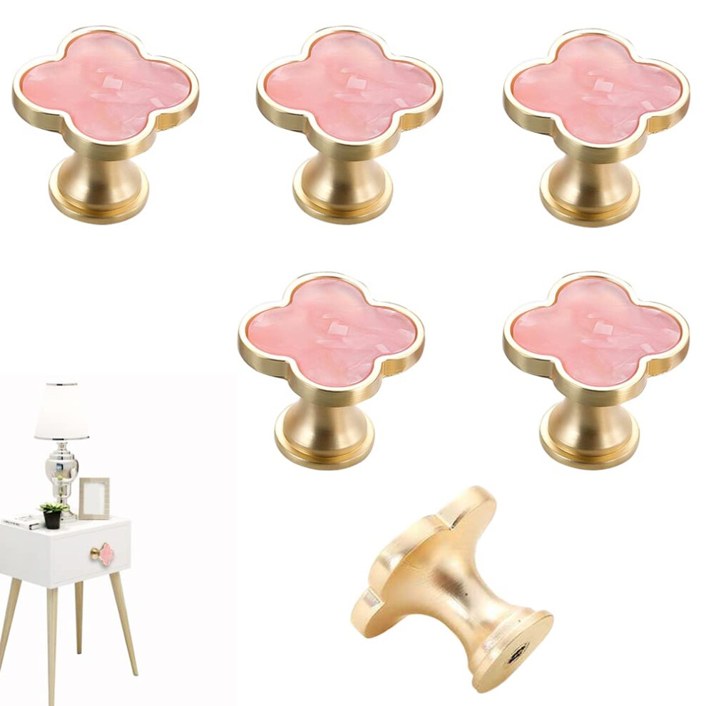Pink Clover Cabinet Knobs With Gold Base, Zinc Alloy Drawer Pulls For Dresser, Wardrobe, Kitchen 9001264033606