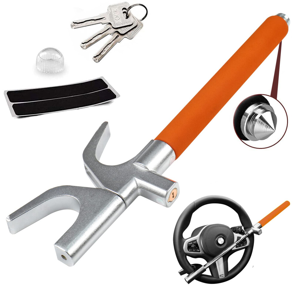 Car Steering Wheel Lock Anti Theft Device, Universal Adjustable Fit With 3 Keys And Safety Hammer, Bright Orange 9426802865448
