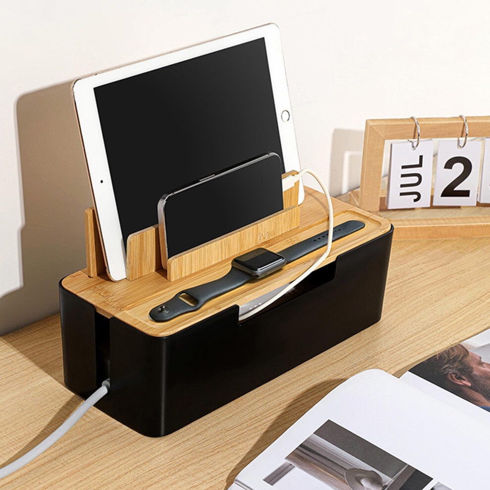 Cable Management Box With Bamboo Lid, Cord Organizer For Home And Office, Multidevice Charging 9426802865479