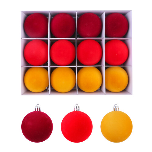 12pcs Multicolored Flocking Christmas Ornament-red yellow