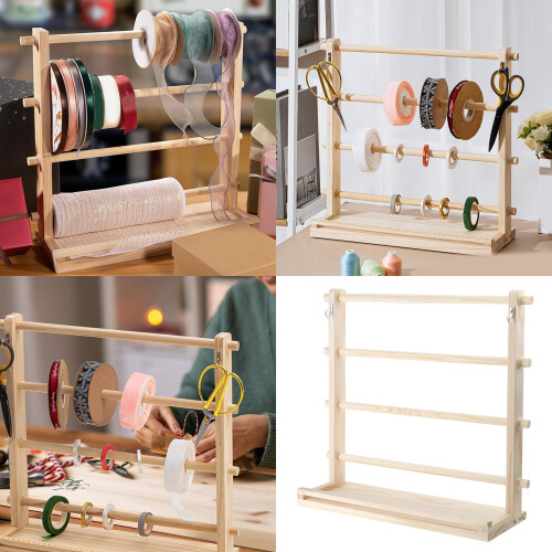 4 Tiered Ribbon Storage Holder with Hanging Hook Wood Scale 1
