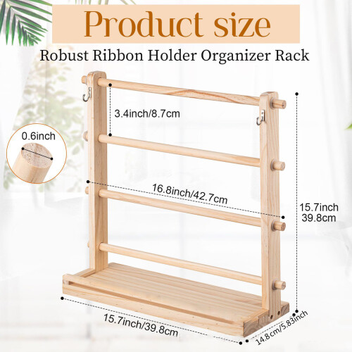 4 Tiered Ribbon Storage Holder with Hanging Hook Wood Scale 2