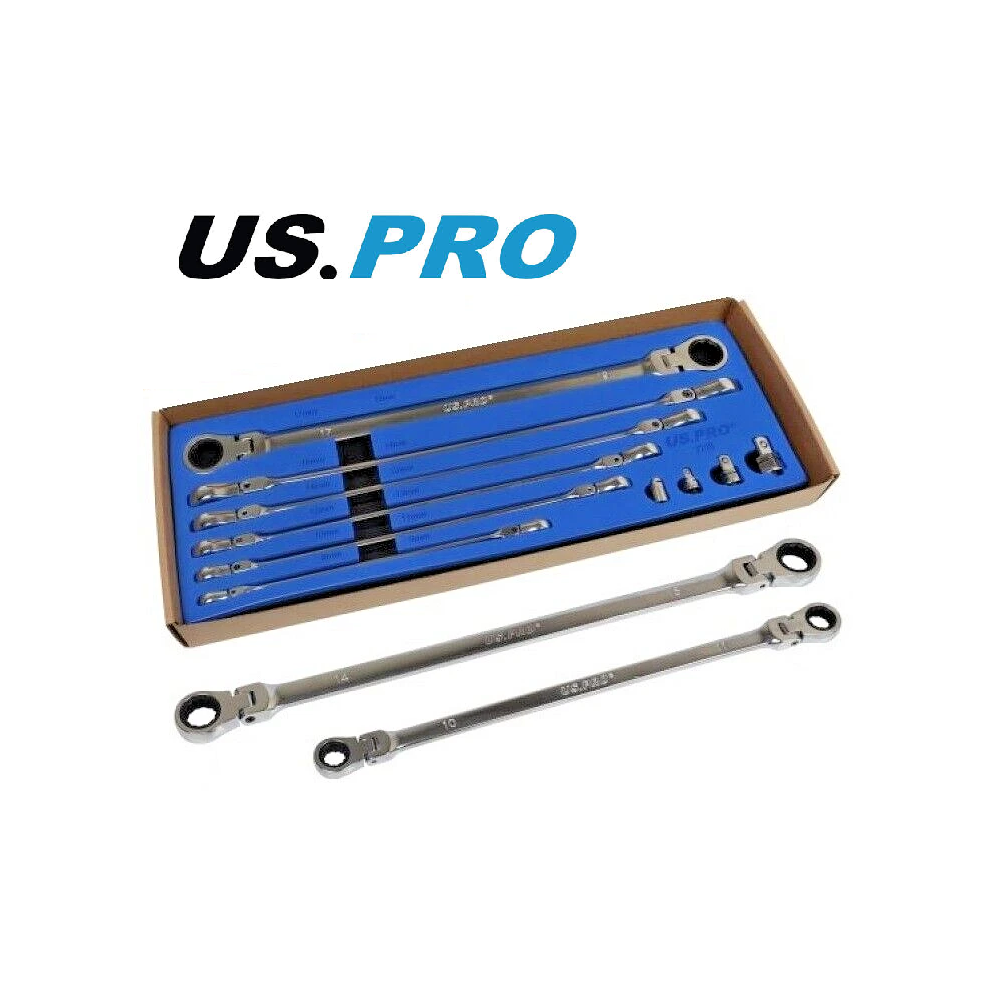 US PRO 10pc Long Double Flexi Head Ratchet Spanner Wrench Set 8-19mm