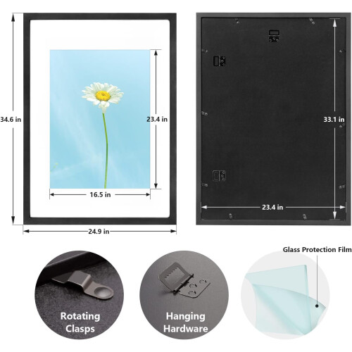 A1 Poster Frame Natural Solid Wood Black with Polished Plexiglass Dual Size Wall Mount 1