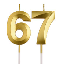 Gold Number Birthday Candles 6 and 7 for 67th 76th Celebrations, Elegant Wax Cake Toppers