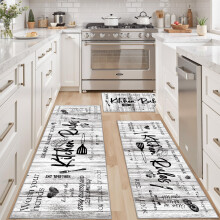 Kitchen Rugs Set 3 Piece Non Slip Runner, Washable Farmhouse Vintage Design, Soft Cushioned Mats Gray White