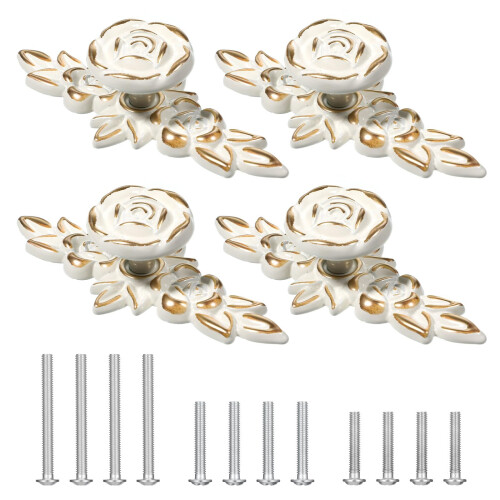 4 Pack Vintage Floral Cabinet Knobs with Backplate, Ivory Drawer Knobs Set with Screws