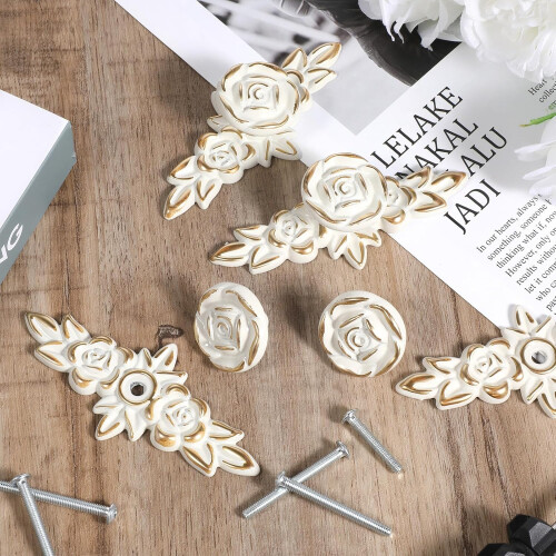4 Pack Vintage Floral Cabinet Knobs with Backplate, Ivory Drawer Knobs Set with Screws 1