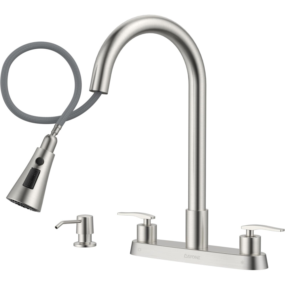 Brushed Nickel Pull Down Kitchen Faucet 4 Hole Dual Handle With Soap Dispenser And 3Mode Sprayer 9001264036713