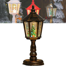 Christmas Snow Globe Lantern with Glitter Snowfall, Holiday Music, USB or Battery Powered, Golden