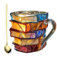Book Lovers Mug with Spoon, 3D Stacked Books Design, Handcrafted Painted 11oz Literary Coffee Cup