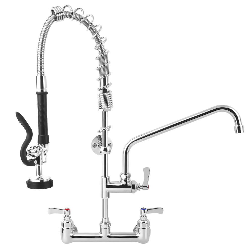 25' Wall Mount Commercial Kitchen Faucet With Pressure Pre Rinse Sprayer And Swing Spout, Chrome 9189345622458