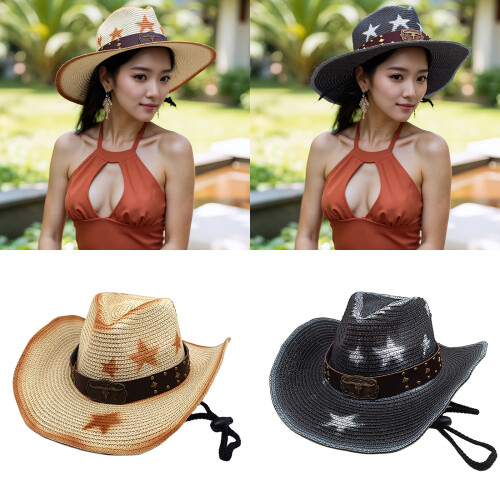 Westernhut, Sonnenschutz, gewebter Strohhut,-Milchweiß 2