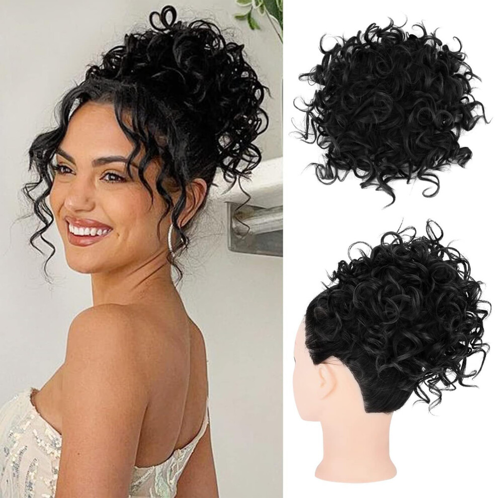 Messy Bun Hair Piece with Clip In Bangs, Synthetic Curly Drawstring Hair Extension for Women