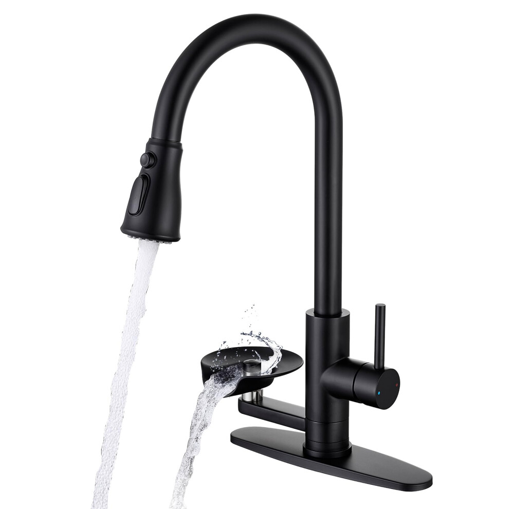 Matte Black Pull Down Kitchen Faucet With Glass Rinser, 3Mode Sprayer, Arc Stainless Steel 9119770766809