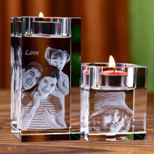 Crystal Candle Holder with Custom Photo Engraving, Elegant Gift for Anniversary 12x5x5cm