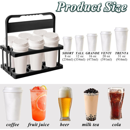 2 Pack 6Cup Drink Carrier with Handle, Foldable Reusable Cup Holder for Coffee Delivery, Black 1