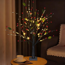 Red Berry LED Tabletop Tree Light, 21 Inch USB Battery Powered Lighted Bonsai Tree for Holiday Decor