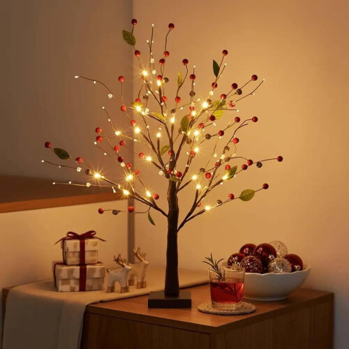 Red Berry LED Tabletop Tree Light, 21 Inch USB Battery Powered Lighted Bonsai Tree for Holiday Decor 1