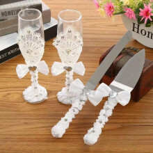 Wedding Champagne Flutes Set with Cake Knife and Server, Lace Bow Gift Box