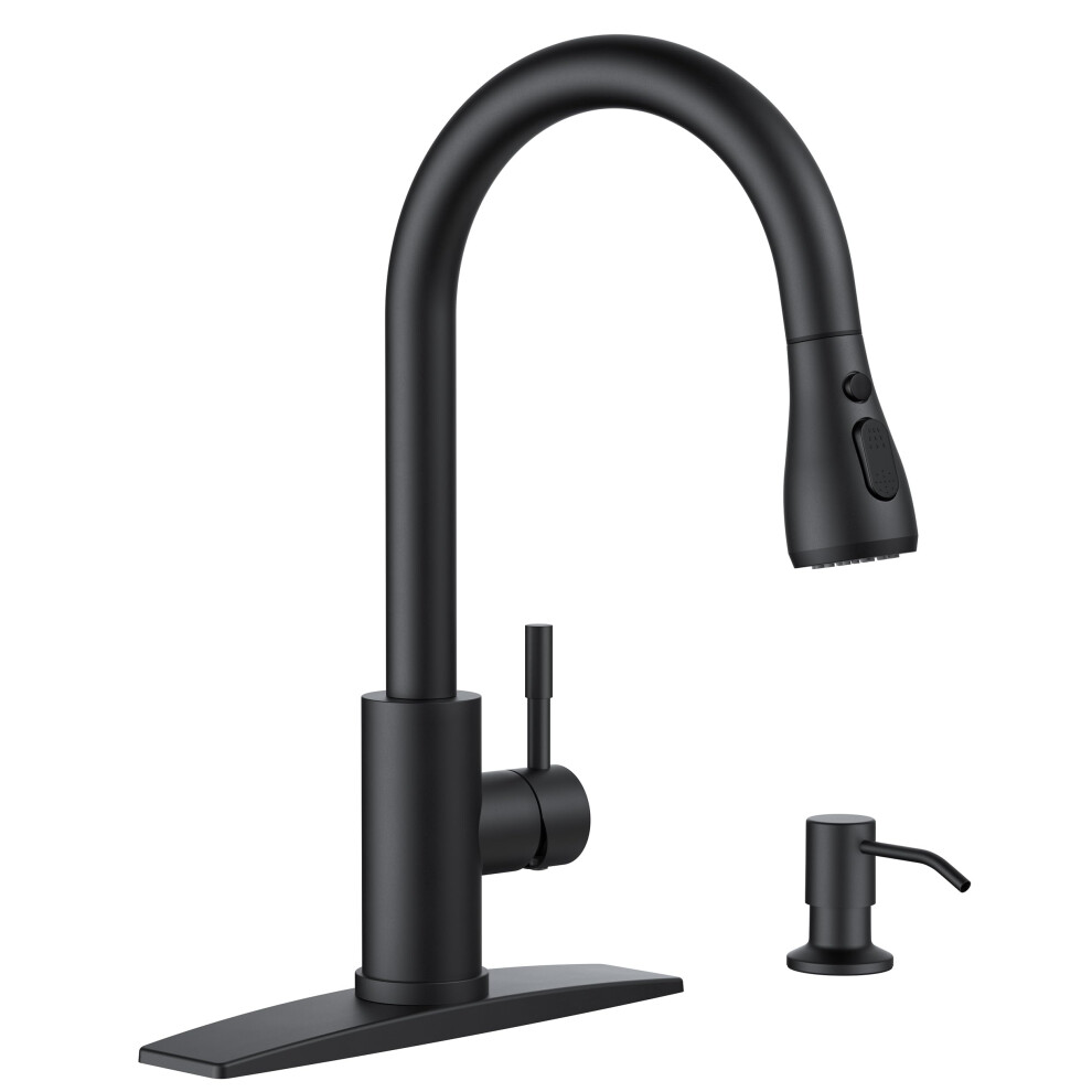Black Kitchen Faucet With Pull Down Sprayer, Arc Stainless Steel, Soap Dispenser, Deck Plate 9189345624728