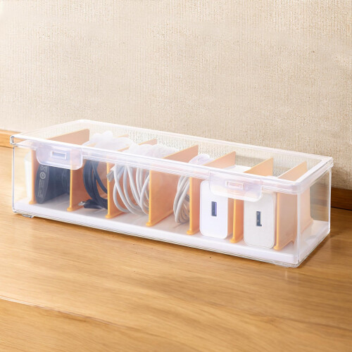 Clear Cable Organizer Box with Lid, Adjustable Compartments, Stackable Cord Storage for Desk or Drawer