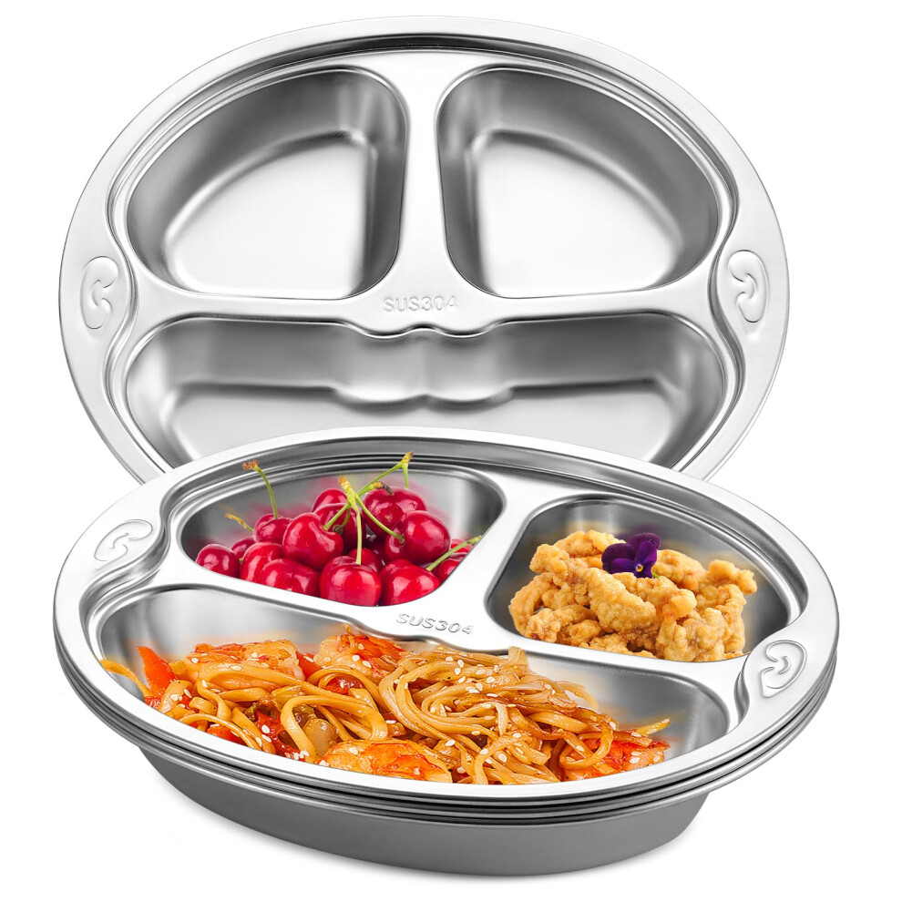 Set of 4 Stainless Steel Divided Plate with 3 Sections, Unbreakable Monkey Shape Kids Dinner Tray