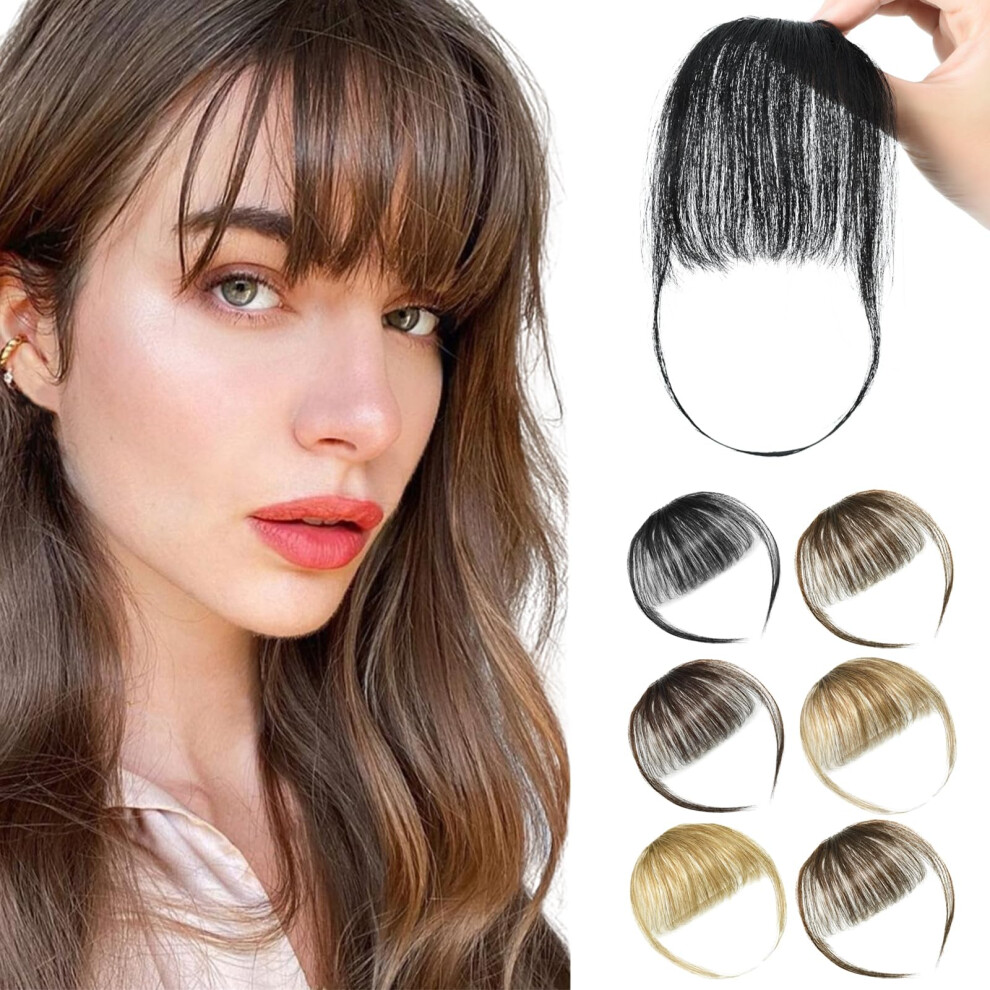 Unisex Black Clip In Human Hair Bangs Wispy Fringe Extension Natural Blend With Sideburns