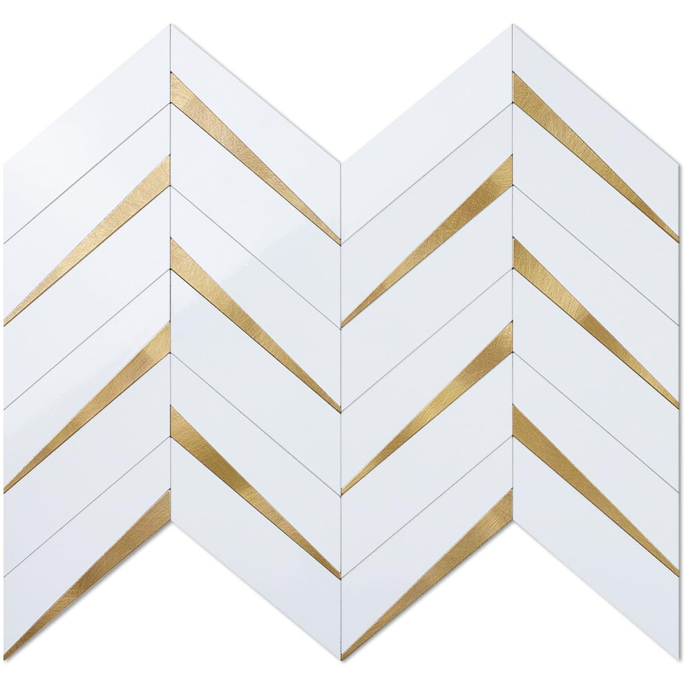 Peel And Stick Kitchen Backsplash Tiles And Herringbone Waterproof Heat Resistant Pvc White/Gold