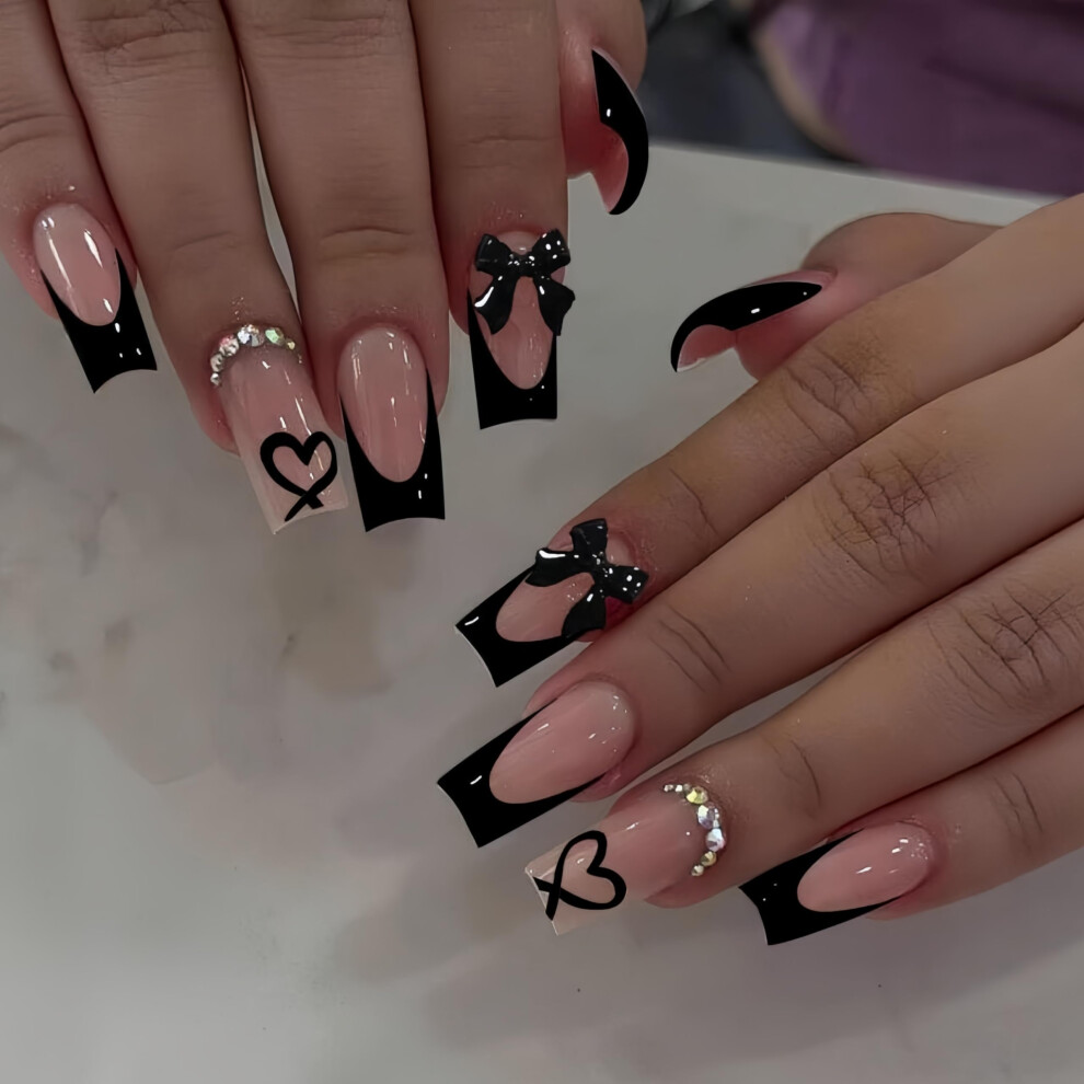 Black French Tip Press on Nails with Rhinestone Bow Charms, 24Pcs Medium Coffin Fake Nails