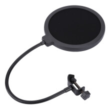 Ronde popfilter voor studiomicrofoon. Twee gaasfilters. Flexibele zwanenhals. Bescherming tegen speeksel. Elimineert plopgeluiden. Universele