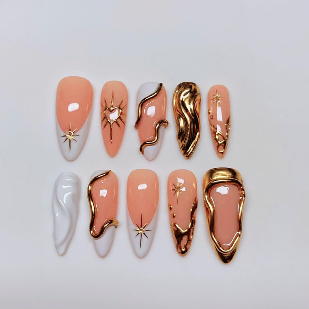 Long Almond Press On Nails with Rhinestones, Reusable French Tip Fake Nails for Women, 10Pcs Set