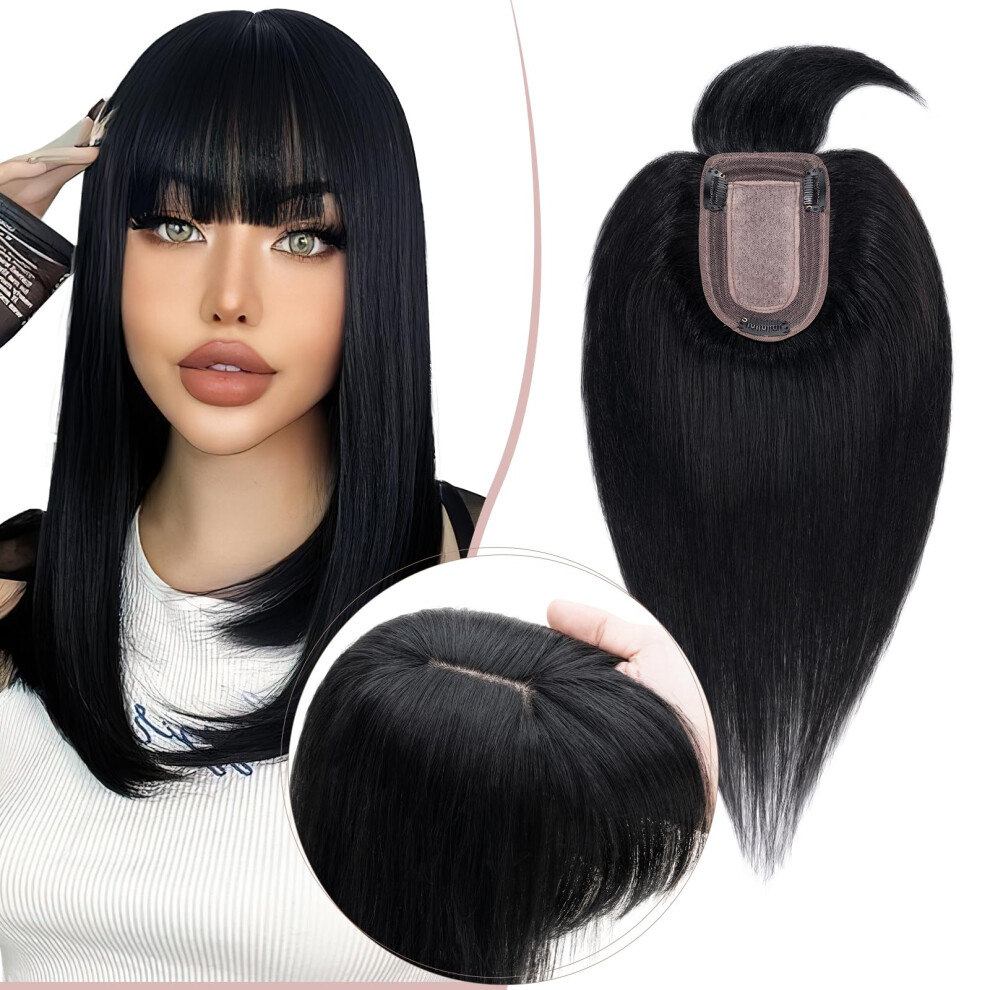Unisex Black Human Hair Topper With Bangs For Thin Hair, 14 Inch Dark Natural Hairline Design