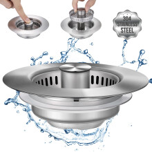 3 in 1 Kitchen Sink Drain Strainer Stainless Steel Stopper with AntiClogging Basket for 3.5 Inch