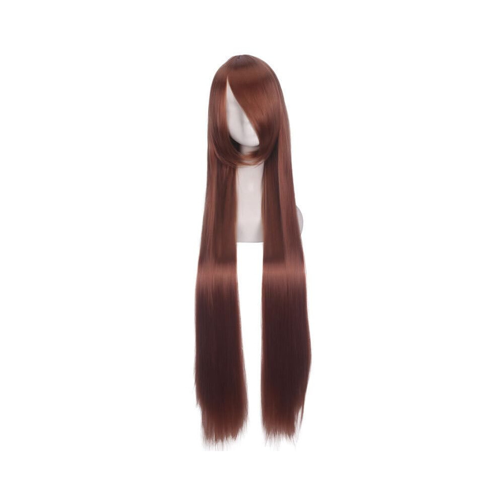 Unisex Red Long Straight Wig With Bangs 100Cm Heat Resistant Synthetic Fiber Auburn Cosplay Wig For Women
