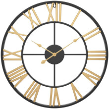 Large 30 Inch Silent NonTicking Oversized Wall Clock with Roman Numerals Metal Frame Black Gold