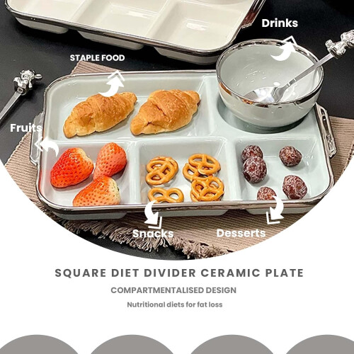Ceramic 5 Compartment Portion Control Plate for Healthy Eating, Square Divided Dinner Plate Blue 2