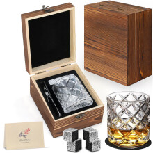 Whiskey Stones Gift Set with Glasses in Wooden Box for Men Dad Birthday Fathers Day Bourbon Lovers